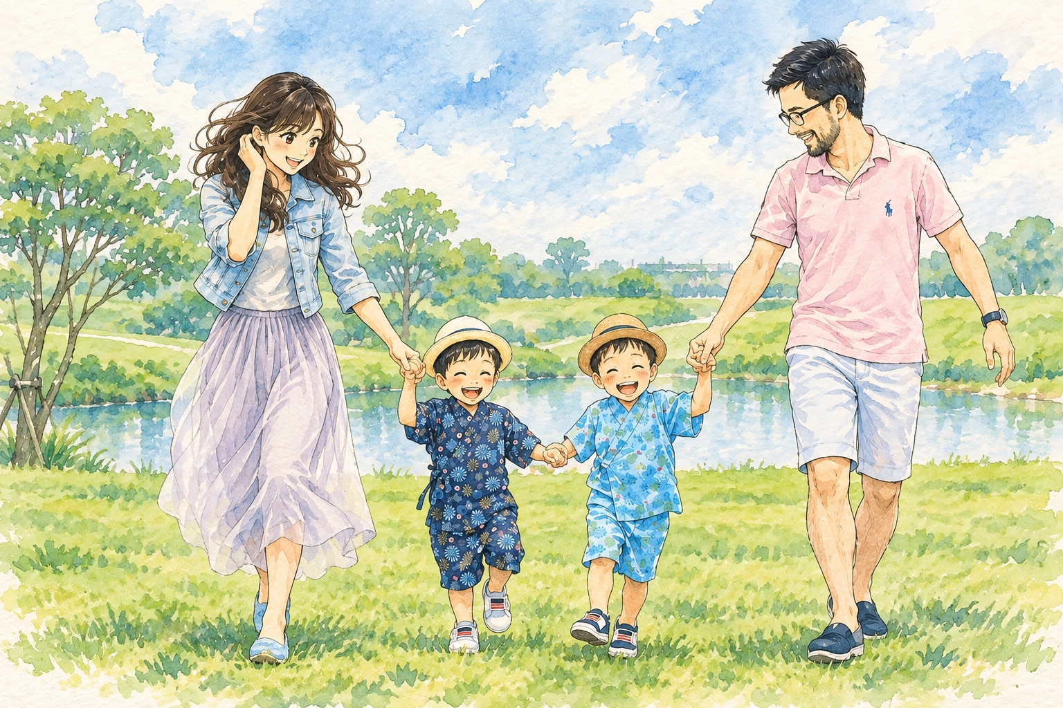 水彩插畫：爸爸媽媽牽著雙胞胎，在河邊草地上開心地散步